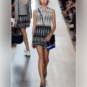 Tory Burch Runway Savora Tweed Jacquard Woven Fringe Gem Tunic B/W Mini Dress